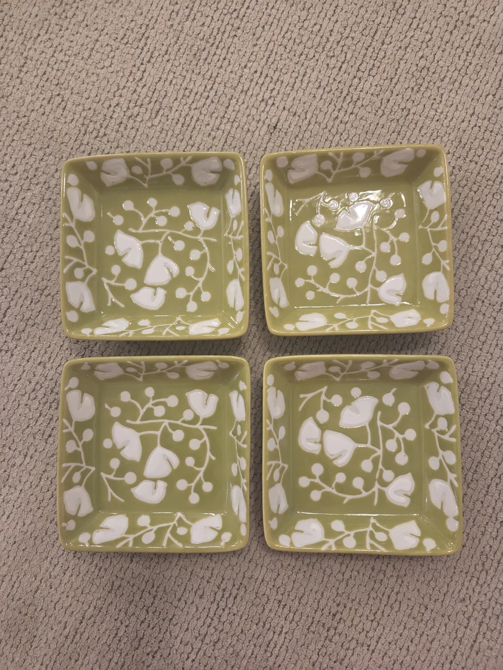 Square Olive Green Ceramic Dishes with White Floral Motif - Set of 4